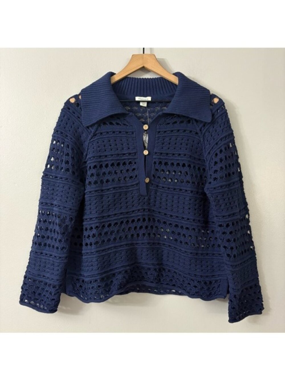 Sundance Women's Blue Nayumi Pointelle Open Knit Henley Pullover Sweater